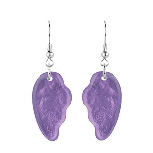 May include: A pair of purple earrings with a heart-shaped design. The earrings have a silver-colored hook and a marbled texture. The earrings are hanging against a white background.