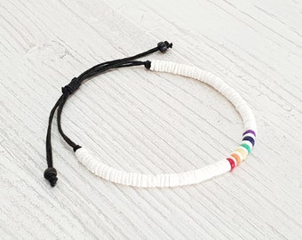 Pride Anklet, LGBT Queers Femmes Hommes, Puka Shells, Boho Beachwear, OBX Fashion, Surfer Jewelry, Anklet 18-35 cm, CSD Festival BG2962