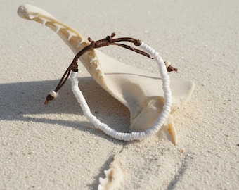 White Puka Shell Bracelet • 0.16" (4 mm) Shells • Adjustable Wax Cord 6.3–9.4" (16–24 cm) • Handmade Surfer Beach Jewelry