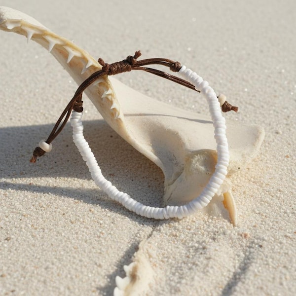 White Puka Shell Bracelet • 0.16" (4 mm) Shells • Adjustable Wax Cord 6.3–9.4" (16–24 cm) • Handmade Surfer Beach Jewelry