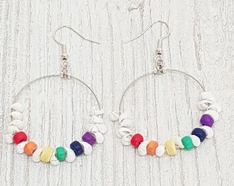 Pride Earrings, LGBT Queers Women Men, Puka Shells + Coconut Wood, Boho Beachwear, OBX Fashion, Surfer Jewelry, CSD Festival BG2965