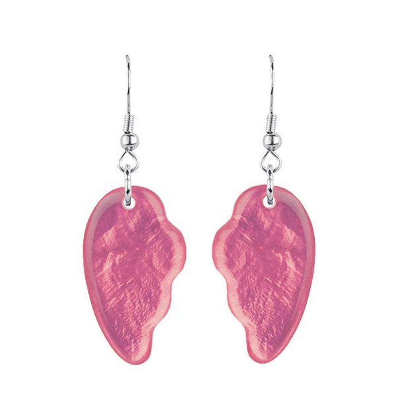 May include: A pair of pink heart-shaped earrings with silver-colored hooks. The earrings have a textured, marbled appearance and are suspended from simple, elegant hooks, perfect for everyday wear.