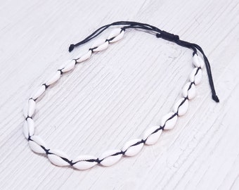 Collier de coquillages, collier de surfeur / collier de coquillages avec cauris 42-60 cm bracelet en coton réglable / collier de plage / collier en bois, collier de coquillages / 1182