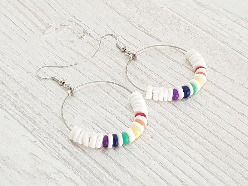 Pride Earrings, LGBT Queers Women Men, Puka Shells Coconut Wood, Boho Beachwear, OBX Fashion, Surfer Jewelry, CSD Festival BG2964 image 2