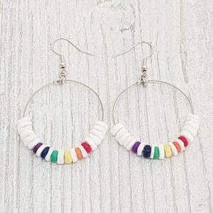 Pride Earrings, LGBT Queers Women Men, Puka Shells Coconut Wood, Boho Beachwear, OBX Fashion, Surfer Jewelry, CSD Festival BG2964 image 1