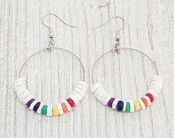 Pride Earrings, LGBT Queers Women Men, Puka Shells + Coconut Wood, Boho Beachwear, OBX Fashion, Surfer Jewelry, CSD Festival BG2964