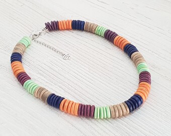 Coconut wood bead necklace 48 cm, 12 mm coconut discs statement necklace, funky statement, colorful necklace, chunky necklace, boho fashion / BG3194