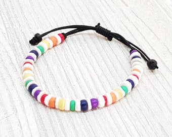 Surfer Beach Bracelet 5 mm, Pride Collection, Puka Shells and Coconut Beads, Boho Beachwear, OBX Fashion, Surfer Jewelry, LGBT/ BG2904