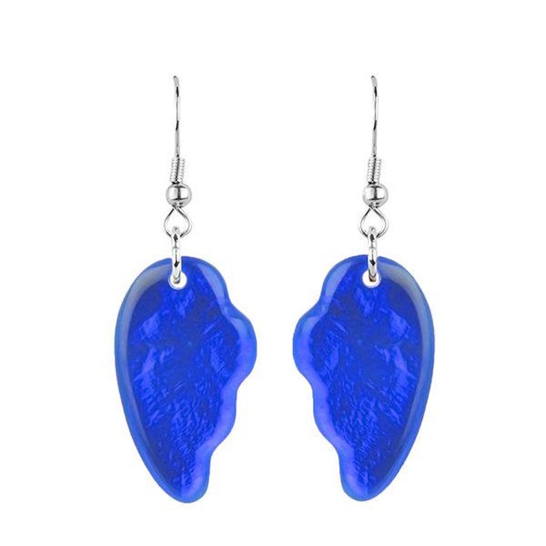 May include: A pair of blue heart-shaped earrings. Each earring has a silver-colored hook and a translucent, textured blue heart pendant. The earrings are displayed against a white background.