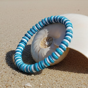 Op de afbeelding: Een cirkelvormige armband bestaande uit afwisselende kleine, platte, schijfvormige kralen in helder turkooisblauw en fris wit. De kralen zijn in een herhalend patroon geregen, wat een gelijkmatige, getextureerde band vormt in een gesloten lus.