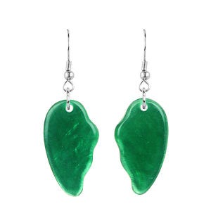 May include: A pair of green, heart-shaped earrings with silver-colored hooks. The earrings have a smooth, polished surface and a slightly irregular shape. The green color is vibrant and translucent, with subtle variations in tone.
