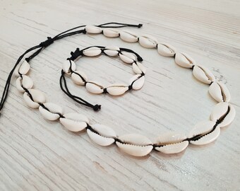 Shell necklace + bracelet in a set, surfer jewelry with cowrie shells 42-60 cm adjustable cotton band Beach necklace / cowrie shell jewelry SALE