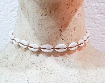 Shell necklace, surfer necklace / shell necklace with cowrie shells 42-60 cm adjustable cotton strap / beach necklace / wooden necklace, shell necklace / 1183