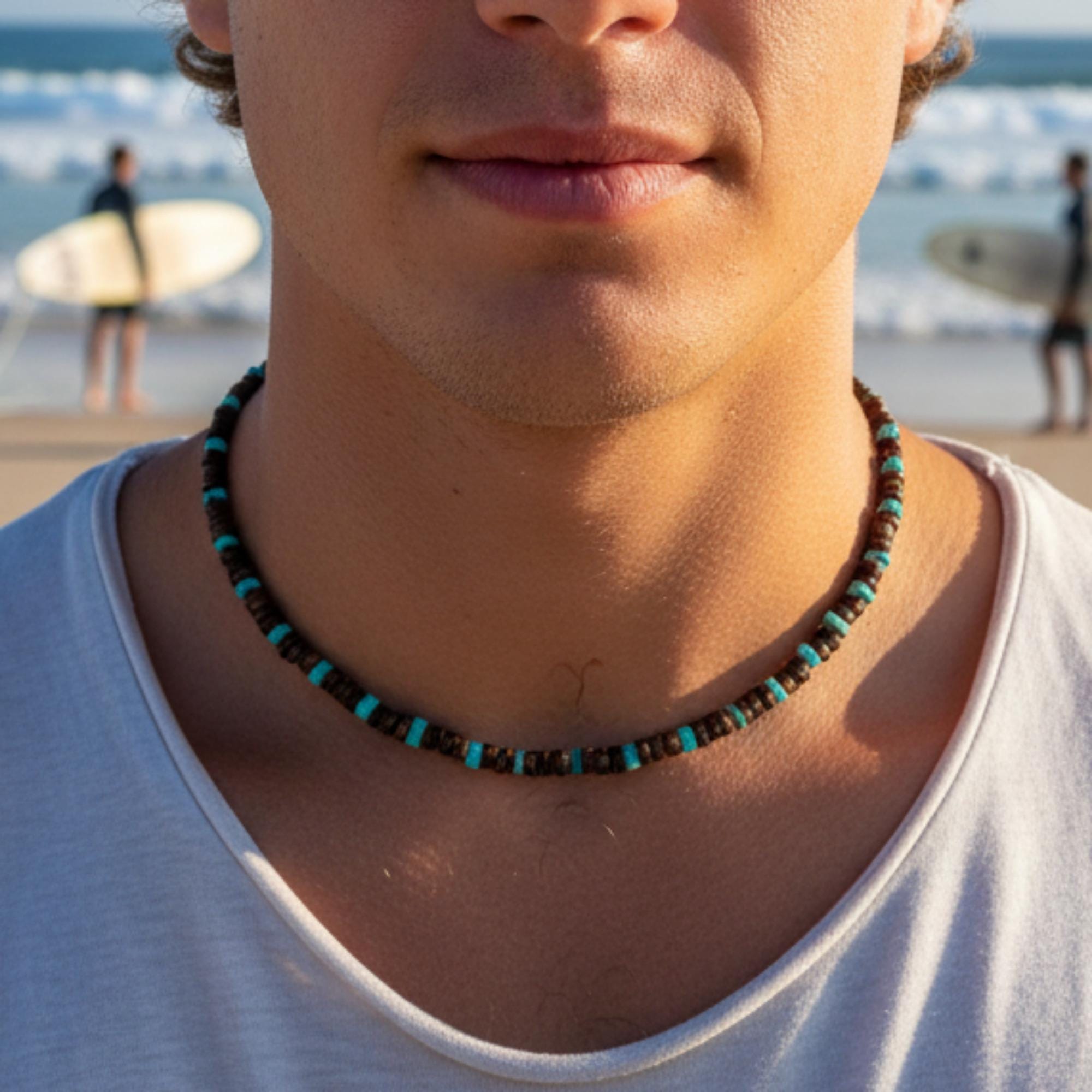 Tibetan Turquoise & Coconut Natural Stone Surf Necklace 6mm Boho Beach…