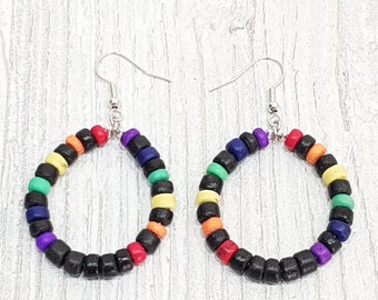 Pride Earrings, LGBT Queers Women Men, Coconut Wood, Ethnic Boho Beachwear, OBX Fashion, Surfer Jewelry, Stainless Steel Earrings CSD Festival BG2944