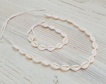 Ensemble collier + bracelet coquillages, bijoux surfeur avec cauris 42-60 cm bande de coton réglable Collier de plage / bijoux coquillages cauris VENTE