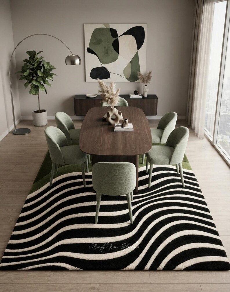 Abstract Rug Minimalistic Hand Tufted Wool Rug, Abstract Wave Pattern, Scandinavian Minimalist ...