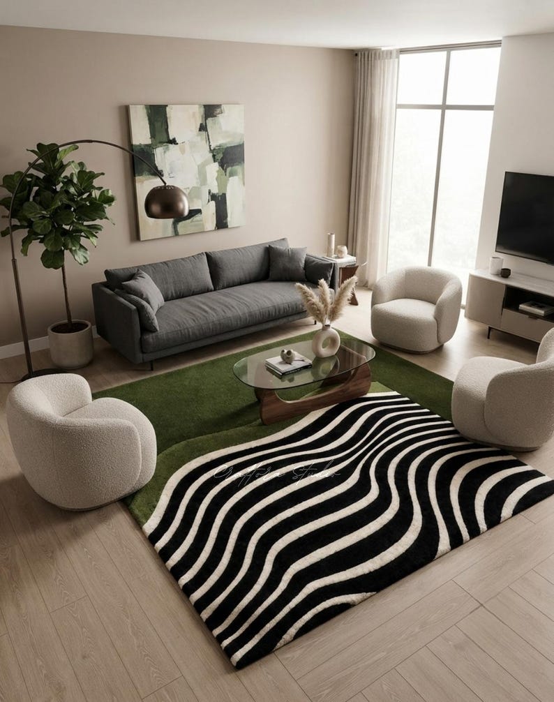Abstract Rug Minimalistic Hand Tufted Wool Rug, Abstract Wave Pattern, Scandinavian Minimalist ...