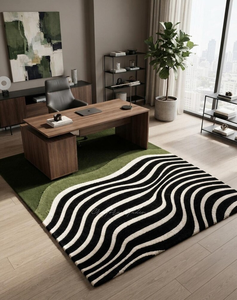 Abstract Rug Minimalistic Hand Tufted Wool Rug, Abstract Wave Pattern, Scandinavian Minimalist ...