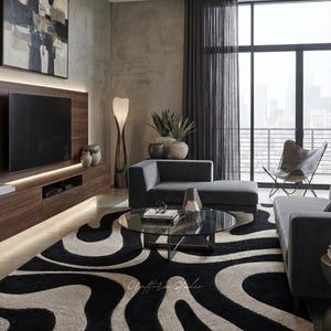 Modern Abstract Hand Tufted Rug, Black Beige Area Rug, Wavy Organic Pattern Rug, Neutral Living Room Rug, Luxury Wool Carpet