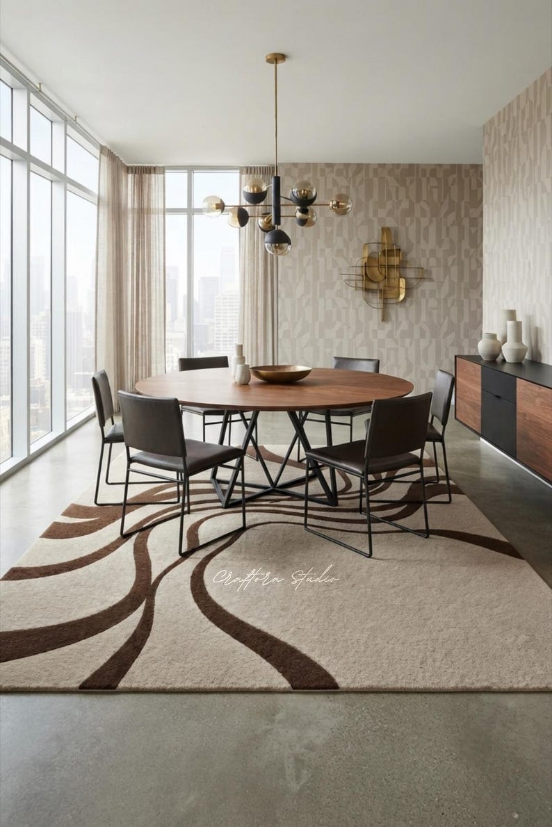 Abstract Rug Minimalistic Hand Tufted Wool Abstract Rug, Beige Brown Organic Lines, Modern ...