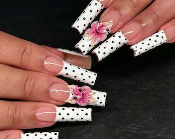 Uñas postizas personalizadas para bodas, diseño de lunares blancos, flores rosas en 3D, reutilizables.