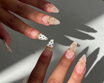 Black White Polka Dot Press on Nails, 3D Pink Flower Lace Stiletto Fake Nails, Gold Chain Rhinestone Nude Reusable Glue On Nails Bridal