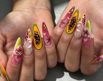Tropiska handmålade blommiga sjöstjärnor press-on naglar, gulgröna leopard stilett lösnaglar, gradient nude återanvändbara limnaglar sommar
