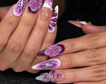 Uñas postizas personalizadas para bodas, diseño de flores 3D moradas, punta francesa, reutilizables.