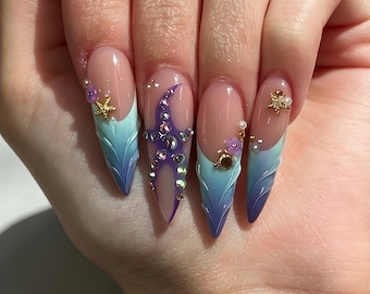 Blå Lila Sjöjungfrusvans Pressnaglar, Metall Sjöstjärna Strass Stiletto Lösnaglar, Ombre Nude Återanvändbara Limnaglar Sjöjungfrufest