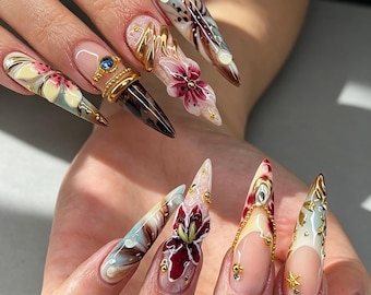 Vintage Hand Painted Floral Press on Nails, 3D Flower Rhinestone Gold Foil Stiletto Fake Nails, Luxury Long Reusable Glue On Nails Wedding