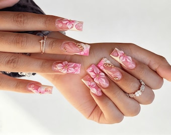 Uñas postizas personalizadas para bodas, set de uñas multicolor rosa con flores 3D y punta francesa, reutilizables, para decoración de uñas de verano.