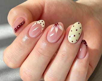 Cream & Burgundy Polka Dot Press on Nails, Hand Drawn Pink Floral Nude Oval Fake Nails, Minimal Glossy Reusable Glue On Nails Casual