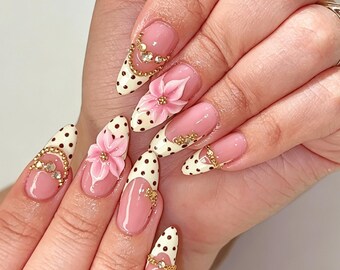 French Nails,Custom Press On Nails Wedding Nail Set Multicolor Polka Dot 3D Flower French Tip False Nails Reusable Nail Art