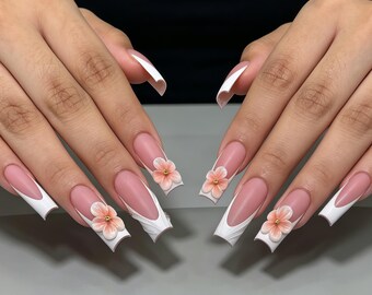 White French Tip Press on Nails, 3D Peach Flower Long Taper Square Fake Nails, Nude Glossy Reusable Glue On Nails Bridal Elegant Manicure