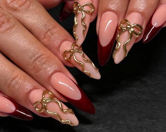 Uñas postizas personalizadas para bodas, set de uñas rojas y doradas con lazo, punta francesa, uñas de novia, uñas postizas reutilizables.