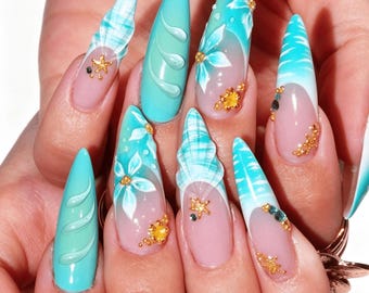Uñas postizas personalizadas de color verde oscuro con diseño floral y diamantes de imitación 3D, uñas de boda, uñas de verano, uñas con flores 3D, regalo para niña