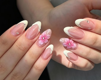 Handgjorda vita press-on naglar med fransk tip, 3D rosa blommor och strass, mandelfärgade lösnaglar, glansiga återanvändbara limnaglar för brudmanikyr