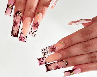 Uñas postizas personalizadas de color morado oscuro con diseño floral y diamantes de imitación 3D, uñas de boda, uñas de verano, uñas con flores 3D, regalo para niña