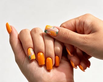 Uñas personalizadas de limón, uñas de naranja, uñas de boda, uñas de verano, uñas de flores 3D, regalo para niña, uñas francesas