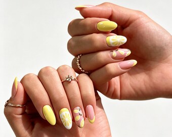Uñas personalizadas con diseño de limón, uñas amarillas, uñas para bodas, uñas de verano, uñas con flores 3D, regalo para niñas, uñas francesas.