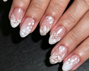Uñas postizas personalizadas para bodas, set de uñas blancas con flores y perlas, uñas cortas cuadradas, reutilizables.