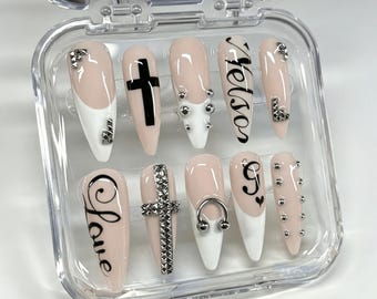 Uñas postizas personalizadas 3D con cruz Croxin, arte de uñas de lujo con cruz, uñas elegantes, uñas Y2K, regalo, regalo para niña