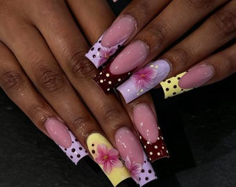 Uñas postizas personalizadas para bodas, set de uñas multicolor con lunares, flores 3D, punta francesa, reutilizables.