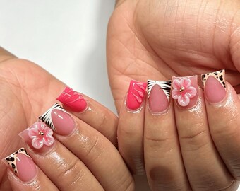 Uñas francesas, uñas postizas personalizadas para bodas, set de uñas multicolor con lunares, flores 3D, puntas francesas, reutilizables.