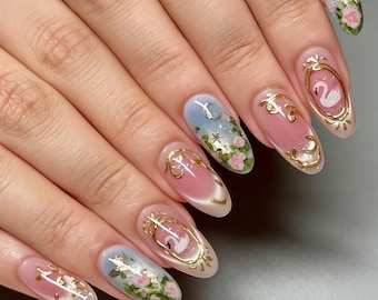 Vintage Oil Painting Swan Floral Press on Nails, Gold Frame Oval Fake Nails, Blue Pink Gradient Glitter Reusable Glue On Nails Wedding