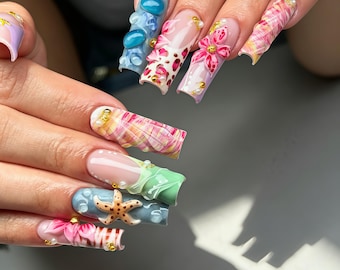 Macaron Ocean Leopard Print Press on Nails, 3D Flower Starfish Long Taper Square Fake Nails, Marble Nude Reusable Glue On Nails Tropical