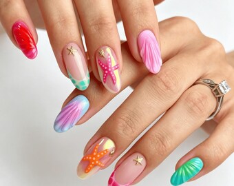 Uñas personalizadas con conchas marinas, uñas con estrellas de mar, uñas de boda, uñas de verano, uñas con flores 3D, regalo para niña