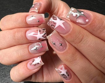 Custom Press on Nail, Star & Leopard Print Design, Milky Pink Base with Silver Accents, Wedding Nail for Trendy Brides