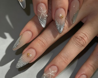 Silvergrå gradient sjöstjärna press on naglar, pärlguldtråd mandel lösnaglar, glitter sjöjungfru nagellack återanvändbara limnaglar minimalistisk elegant